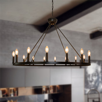 Ancora 16 Light Chandelier Wagon Wheel (43“ Wide) Matte Black Steel Frame | Large Home Decoration | Foyer, Entryway, Dining Room